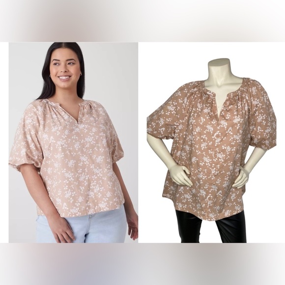 LANE BRYANT Tan Beige & White Floral Short-Puff Sleeve Split-Neck Top Blouse, 18 - Picture 1 of 14